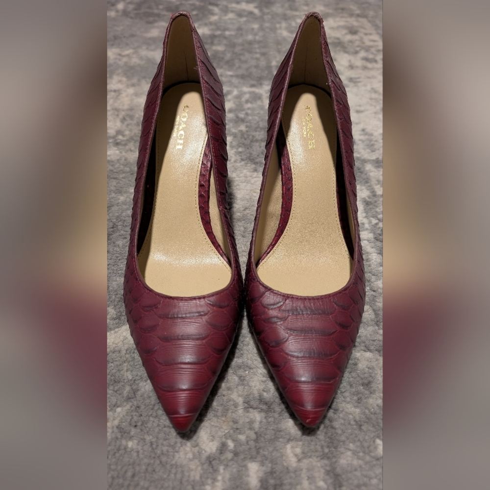 Coach Women's Teddie Heels Snake-Print Leather Pump Shoes in Burgundy US 7